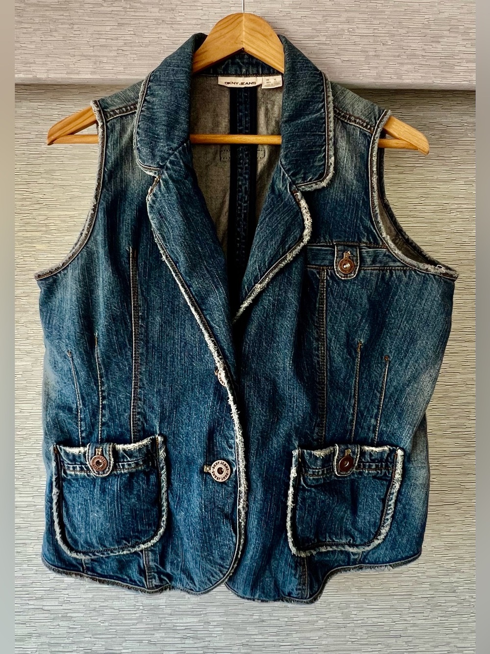 DKNY JEANS Denim Distress Vest with Button Pockets